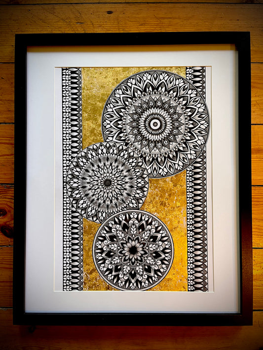 Ataraxia, Original Hand Drawn Gold Leaf A3 Mandala
