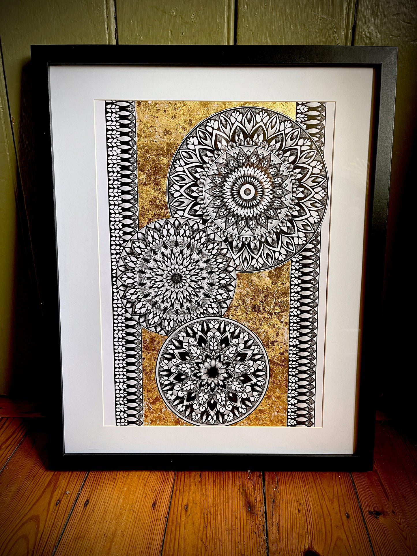 Ataraxia, Original Hand Drawn Gold Leaf A3 Mandala