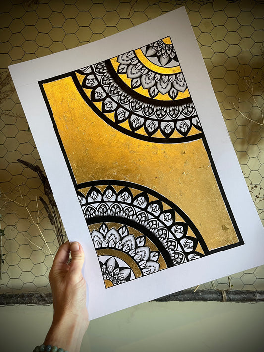 Quintessence, Original Hand Drawn Gold Leaf A3 Mandala